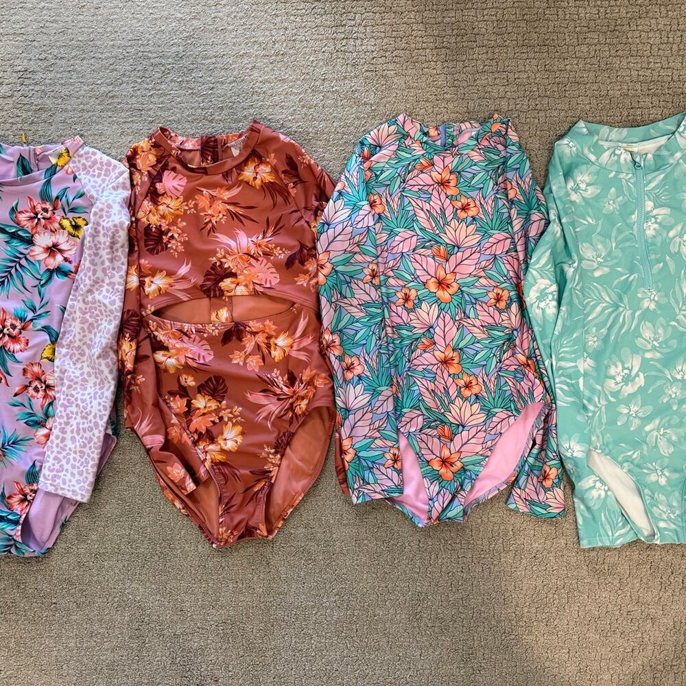Girl's Floral Long Sleeve Rash Guard Swim Lot Bundle 10-12